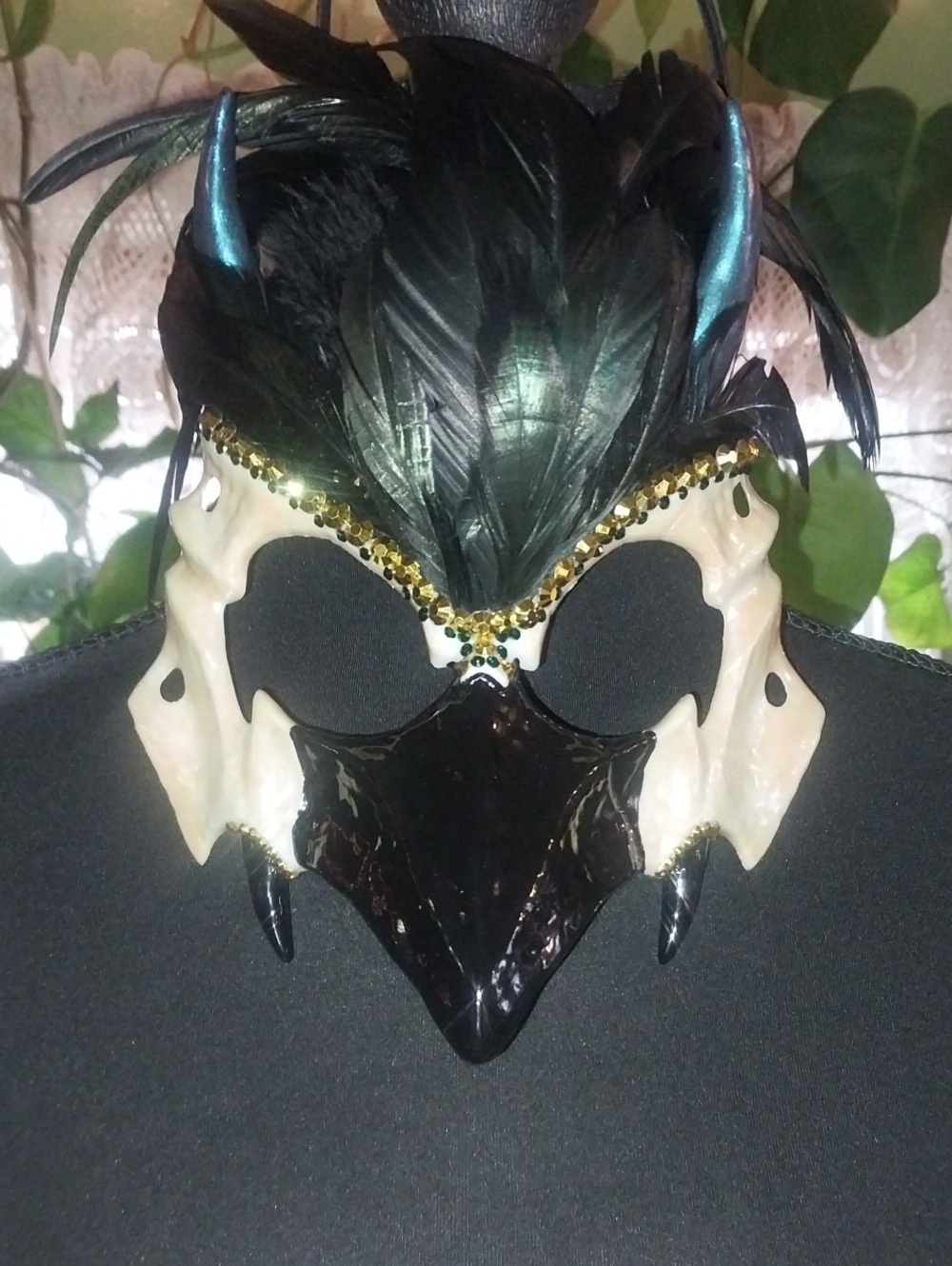 HANDMADE Black & Ivory Feathered Masquerade Mask with BEDAZZELED Accents